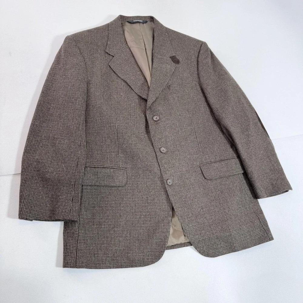 VTG Business Class Collection Blazer Mens 42R Brown Elbow Patches Sport Coat